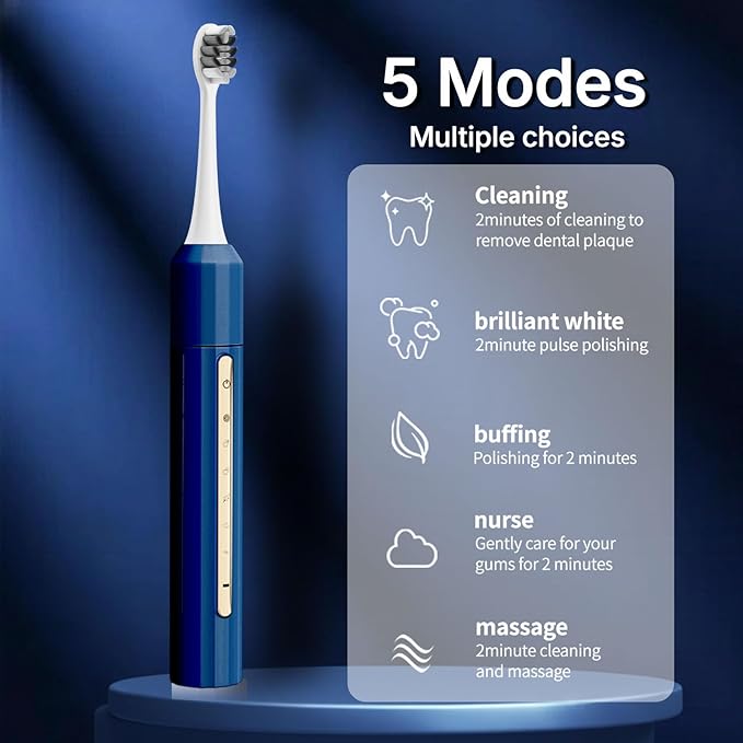Sonic Electric Toothbrush for Adults & Kids - 10 Brush Heads, 90-Day Battery, 5 Modes, 2-Min Timer, IPX8 Waterproof, Rechargeable & Travel-Friendly (Blue)