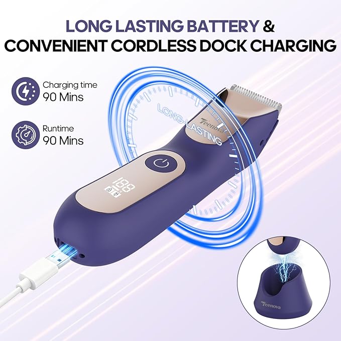 Electric Body Hair Trimmer Shaver - 3 in 1 Pubic Trimmer for Men - Bikini Trimmer for Women - No Nick Groin Ball Razor with Ceramic Blade Head, Wireless Dock Charging (Purple)