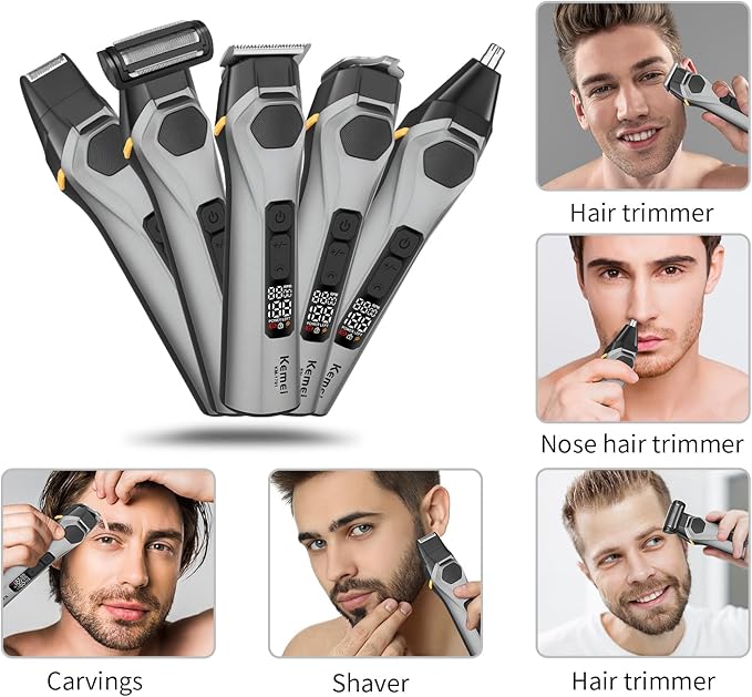 KEMEI Professions Beard Trimmer for Men Cordless IPX6 Waterproof Mens Beard Trimmer for Night Lighting Lamp Rechargeable for Nose, Body, Face and Mustache with LED Display Gifts Mens KM-1791