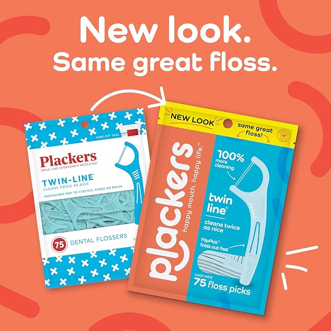 Plackers Twin-Line Dental Flossers, Cool Mint Flavor, Dual Action Flossing System, Easy Storage, Super Tuffloss, 2X The Clean, 75 Count (Pack of 2)