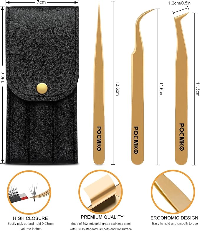 Lash Tweezers Set for Eyelash Extension, Eyelash Tweezers for Classic Individual and Volume Lash Extensions, Complete with Storage Case (Gold, 3PCS Set)