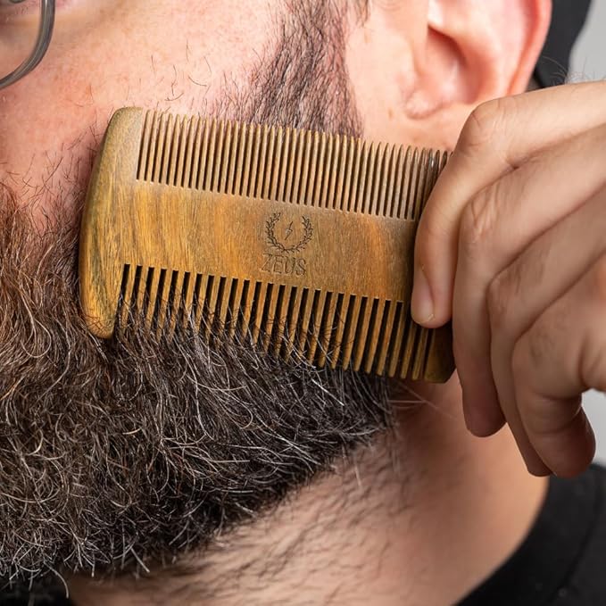ZEUS Double-Sided Beard & Mustache Comb for Men, Natural Sandalwood Grooming Tool with Leather Case, Anti-Static & Travel Friendly (R31)
