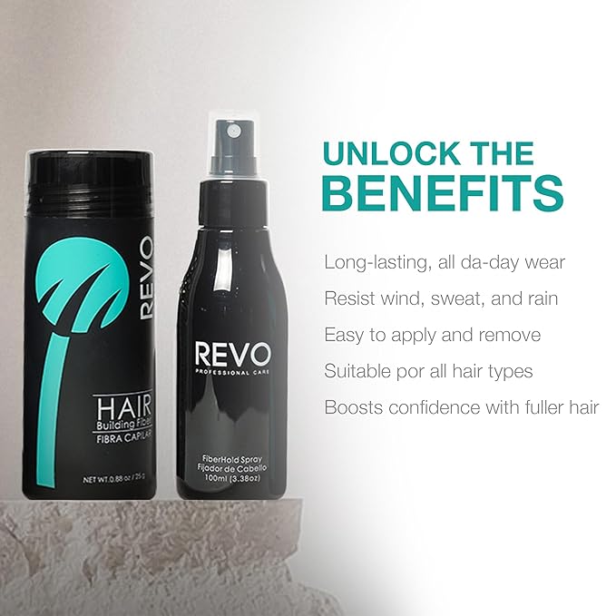 REVO Hair Building Fibers Kit for Thinning Hair (25g) with Fiberhold Spray (100ml) – 3-Pc Professional Set, Natural Plant-Based Hair Thickener & Concealer for Men & Women - BLACK