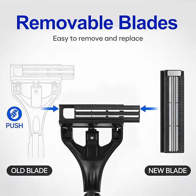 Retractable Back Shaver for Men: 180° Foldable Head Hair Shaver,Double Sharp Blades & Ergonomic Handle, Wet or Dry Back & Body Hair Removal,Black(3PCS Blades Included)