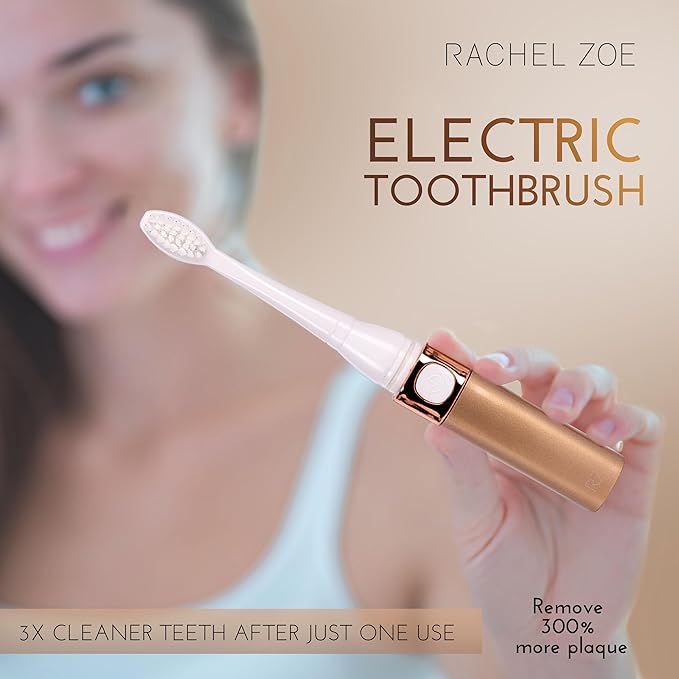 Rachel Zoe Portable Electric Toothbrush for Adults, Battery Operated Compact Sonic Tooth Brush for Trips, Waterproof Travel Toothbrush with Cover, 2 Removable Brush Heads Included, Rose/Gold/White