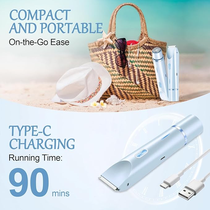 Bikini Trimmer for Women, 2-in-1 Painless Bikini Shaver with Ceramic Blade, Dual-Head Electric Shaver, Ipx7 Waterproof for Shower & Travel, Womens Electric Razor for Armpit Leg Body Facial, Blue