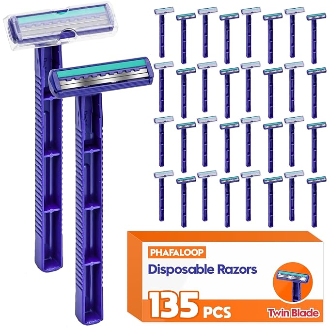 Twin Blade Disposable Razors for Men & Women – Bulk 135 Pack Stainless Steel Shavers with Lubricating Strip, Safety Cap & Non-Slip Handle for Sensitive Skin, Travel, Hotel, Charity – Blue