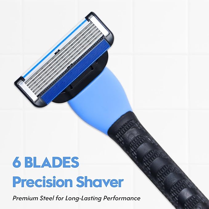 6-Blade Men's Razor with Dual Lubrication and Precision Trimmer, Shaving Kit for Men, 10 Piece Set, 1 Handle & 9 Refill Cartridges, Smooth Comfortable Shave (Blue)