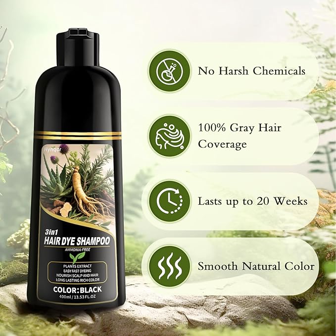 Black Hair Dye Shampoo, Ammonia Free Natural Herbal Ingredients Black Hair Dye for Women Men Gray Hair Coverage, Semi-Permanent Hair Color Shampoo