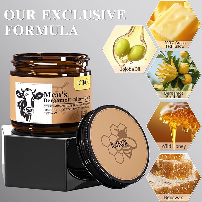 Beef Tallow Honey Balm, Grass-Fed Tallow Moisturizer for Face & Beard, Deep Hydration Cream with Bergamot Scent, Handmade Natural After Shave Care for Men, 2.1 oz
