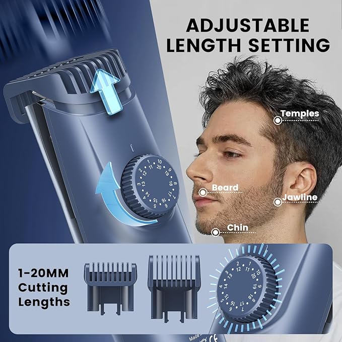 Beard Trimmer for Men - Vacuum Mustache Trimmer with Adjustable 20 Length Setting for Less Mess,IPX7 Waterproof Rechargeable Electric Mens Beard Trimmer for Precision Facial Hair, Sideburns