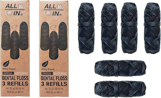 ALL IN Charcoal Floss Refills 6 x 32 Yds Each - Activated Charcoal Dental Floss Refills Only - Unique Stocking Stuffer - BPA Free, Plant Based No PFAS Mint Floss for Plaque Removal, Fresh Breath (6)
