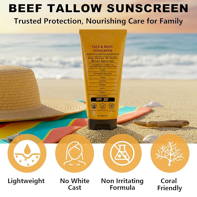 2pcs Beef Tallow Sunscreen with Zinc Oxide Reef Safe Sunscreen SPF 50,Non-Greasy Beef Tallow Sunscree Natural Organic Formula for Body Facial,Women and Men(85g/count)