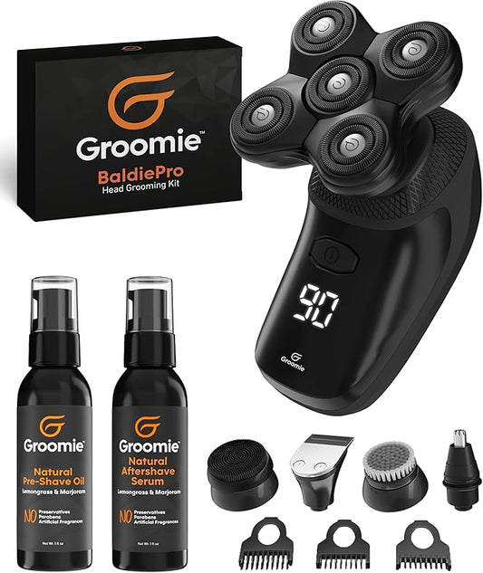 GROOMIE No Hair, Don't Care Bundle - 5D BaldiePro Electric Head Shavers for Bald Men, Natural Pre-Shave Oil to Promote Close Shave, & Natural Aftershave Serum - Mens Head Shaver Kit w/Electric Razor