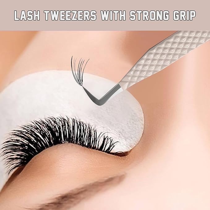Lash Tweezers - Stainless Steel Fiber Tip Eyelash Tweezers (Set of 4) - Diamond Grip Professional Lash Tweezers for Eyelash Extensions (Beige)
