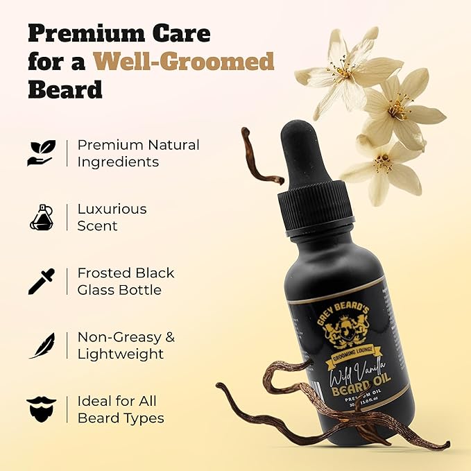 Grey Beard's Grooming Lounge Wild Vanilla Beard Oil for Men 1 fl oz - Natural Leave-In Conditioner with Jojoba Argan and Grapeseed Oils
