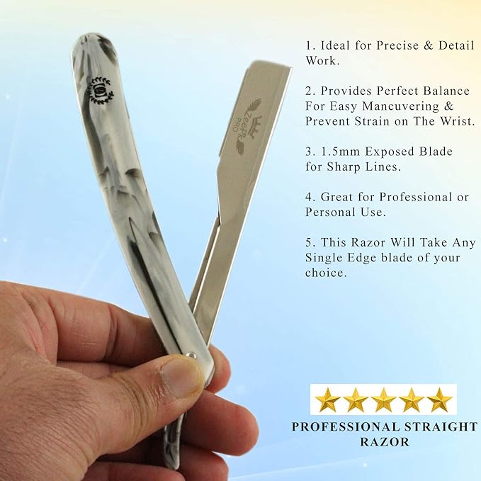 Zeepk Vintage Cut Throat Barber Salon Manual Straight Edge Shaving Razor + 100 Shaving Blades Marble Print