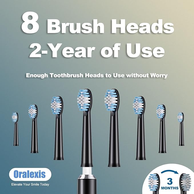 Electric Toothbrush for Adults and Kids, with 8 Brush Heads and Tongue Scraper, 2 Minute Smart Timer, One Fast Charge Last 120 Days, 40000 VPM Deep Clean, Sonic Travel Toothbrush - Black
