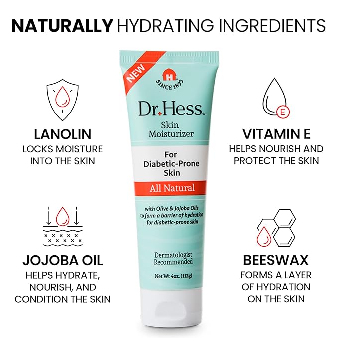 Dr. Hess Skin Moisturizer For Diabetic Prone Skin, Relief Moisturizing Body Lotion with Lanolin, Beeswax, Jojoba Oil & Olive Oil, Moisturizer for Dry, Itchy, Rough & Bumpy Skin, 4oz