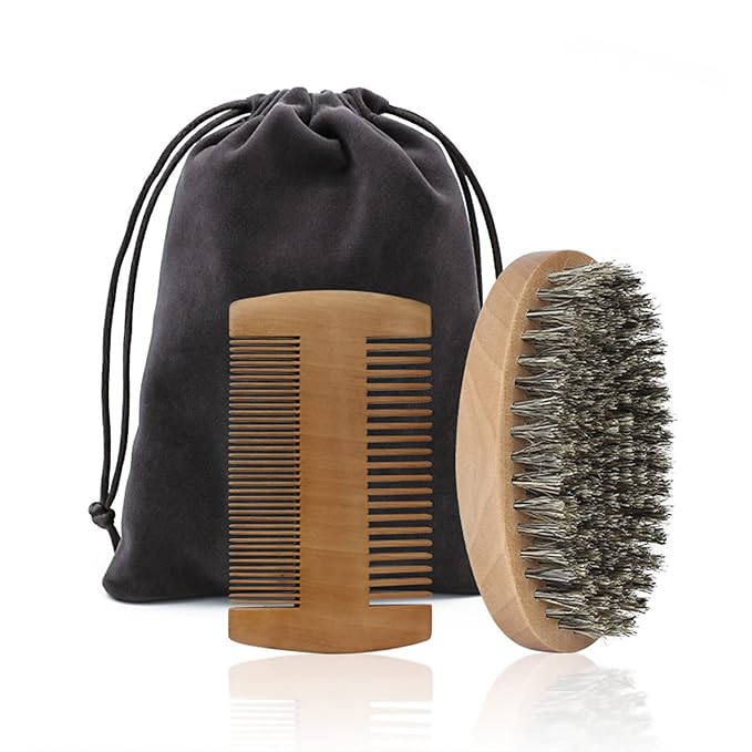 Fan Wu Beard Brush and Dual-Sided Wood Comb Set – Natural Boar Bristle Grooming Kit with Velvet Travel Pouch, Anti-Static for Beard, Mustache & Hair – Gift for Men