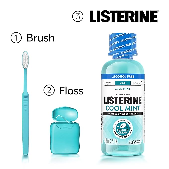 Listerine Cool Mint Alcohol-Free Mild Mouthwash, Oral Rinse Kills 99.9% of Germs that Cause Bad Breath, Less Intense Taste, Mild Mint Flavor, 3.2 fl. oz