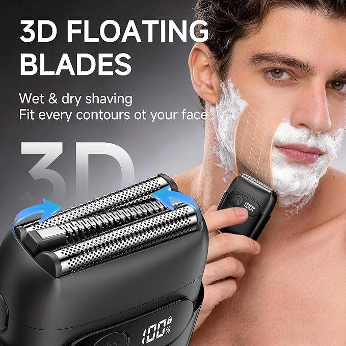 Electric Foil Shavers for Men,Mini Electric Razor with Storage Bag,3 Floating Blades,Portable mini Shaver,IPX7 Waterproof,Wet Dry Face Razor,USB-C (Black)