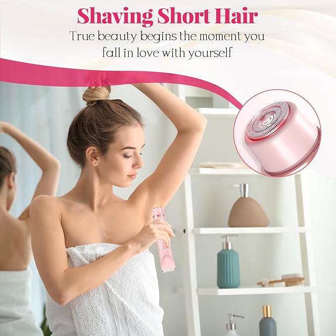 Bikini Trimmer for Women, 2-in-1 Painless Dual Head Shaver Women with Painless Ceramic Blades, Waterproof Electric Razors for Body & Face, Holiday Gift for Her (Pink)