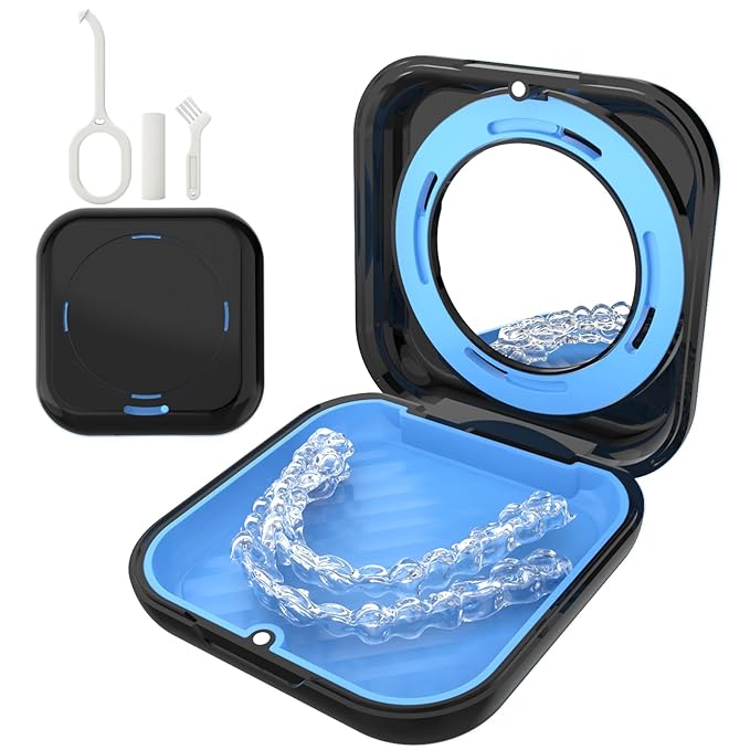 HEMILAB® Retainer Case, Slim Aligner Case with Vent Holes, Compatible with Invisalign, Mouth Guard Case with Mirror, Cute Orthodontic Retainer Case with Retainer Removal Tool and Brush, Black