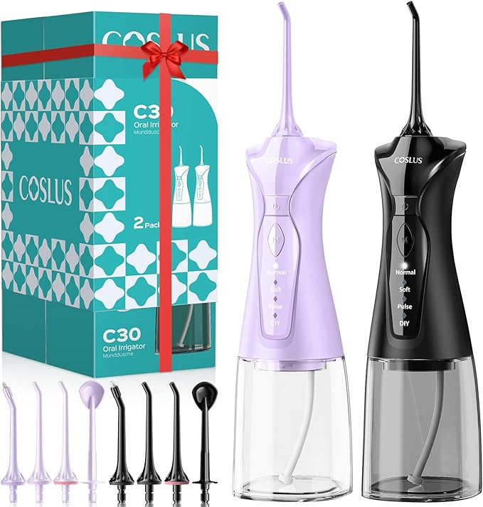 COSLUS 2-Pack C30 Water Flosser for Teeth: Water Dental Pick Set with Refined Packaging for Couples Friends, 3 Modes & 8 DIY Levels for Sensitive Gums & Braces, Ideal for Family Sharing, Black Purple