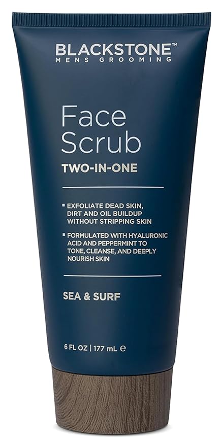 Blackstone Men's Grooming 2-in-1 Facial Scrub & Shave Gel with Hyaluronic Acid and Peppermint - Cleanse & Exfoliate | Hydrates Skin After Shaving | USA Made, Sea & Surf (6 Fl Oz)