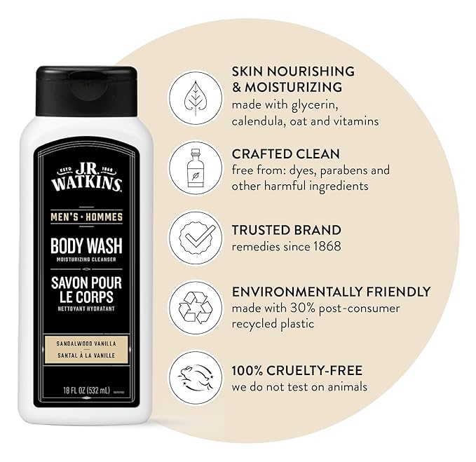 J.R. Watkins Body Wash Men's Sandalwood Vanilla, 18 fl oz, 2 Pack