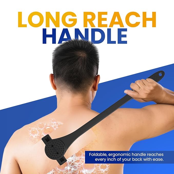 18" Back Shaver & Scrubber for Men – 2-in-1 Pain-Free Grooming Tool with Long Handle (46cm), Built-In Scrubber, Wet or Dry Use – Includes Compact Box (23x8x8cm) (BLACK)