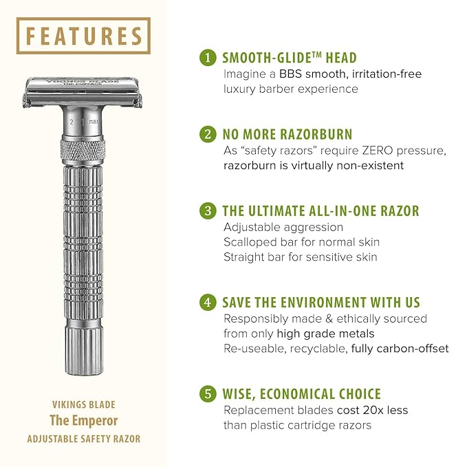 VIKINGS BLADE Adjustable Double Edge Safety Razor + Luxury Case. Smooth, Reusable, Eco-Friendly (The Emperor “Frosted Chrome”)