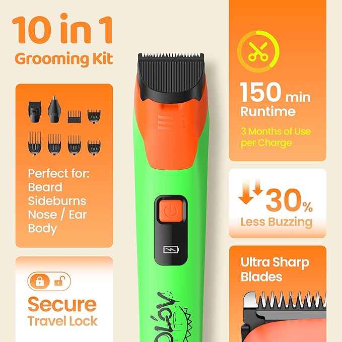 Electric Beard Trimmer for Men,Nose Hair Trimmer & Electric Razor 10-in-1 Grooming Kit Cordless Shaver Gift-Ready for Men(Greenish Orange)