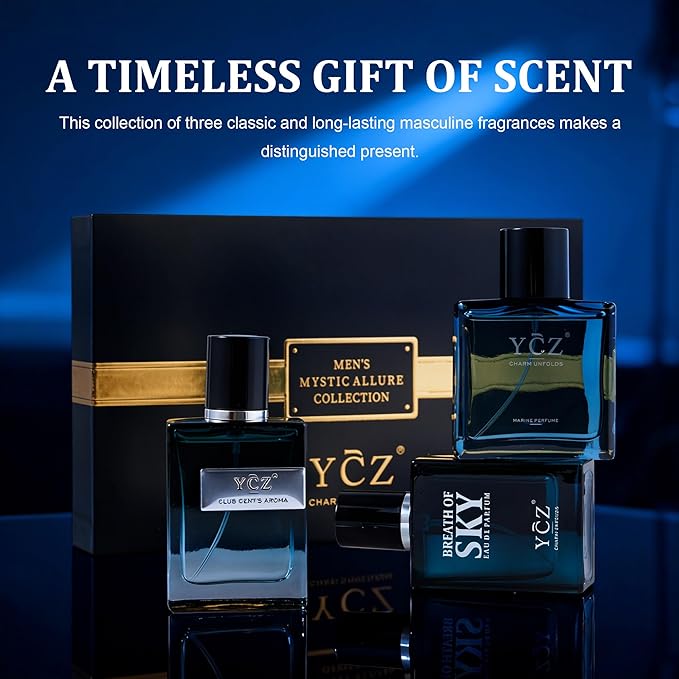 Ycz 3-Piece Cologne for Men Set - 50ml Each, Ocean/Sky/Club Perfume for Men, Eau de Cologne with Woody Fresh Citrus Notes, Ideal Special Occasions, Elegant Gift Box, Long-Lasting Sillage Unique Gift