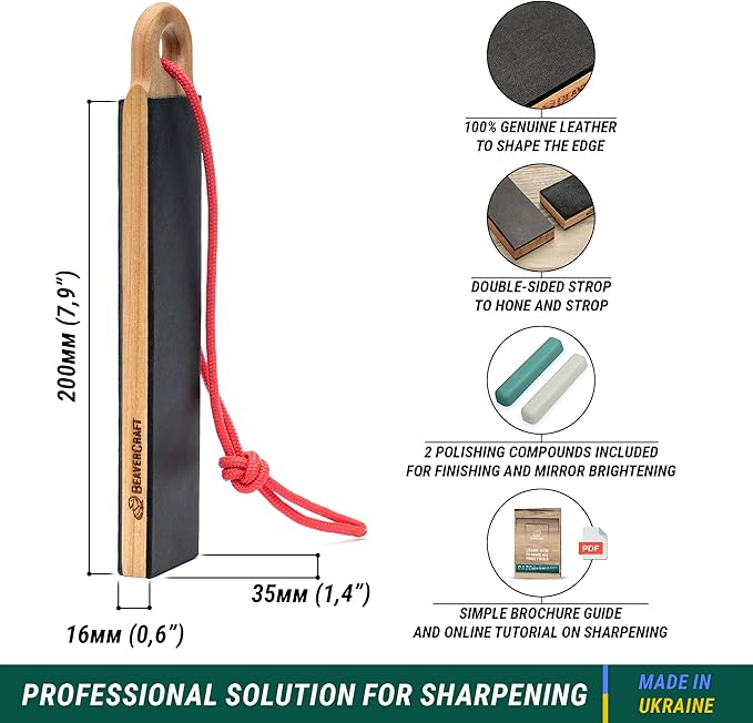 BeaverCraft Leather Strop for Knife Sharpening LS9P02 - Stropping Kit with Polishing Compound - Leather Knife Sharpener - Honing Strop Block 2-sided