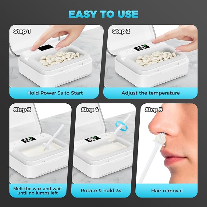 Nose Wax Kit Women Men,Nose Hair Waxing Kit with Adjustable LED Display,Ear Hair Removal Kit for Men 100 g Wax 70 Applicators,Constant Temp,USB Heated,Pocket-Size,White