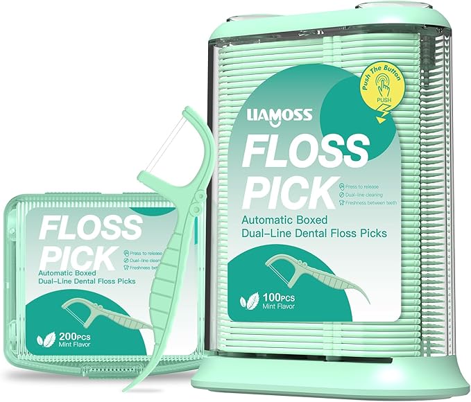 Dental Floss Picks with Dental Floss Dispenser,300 Count Extra Twin Line Mint Flavor Unbreakable & No-Shred Toothpicks Sticks,Superclean Up Teeth(Green)