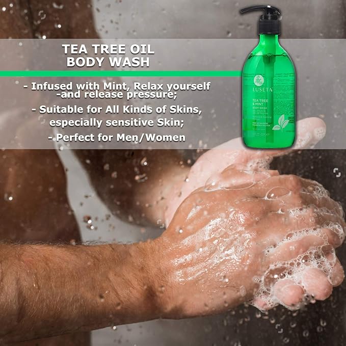 Luseta Tea Tree Oil Body Wash with Mint 33.8oz, Best Body Wash for Sensitive Skin, Sulfate free, Helps Body Odor, Athlete's Foot, Jock Itch, Ringworm, Skin Irritations, Shower Gel for Women