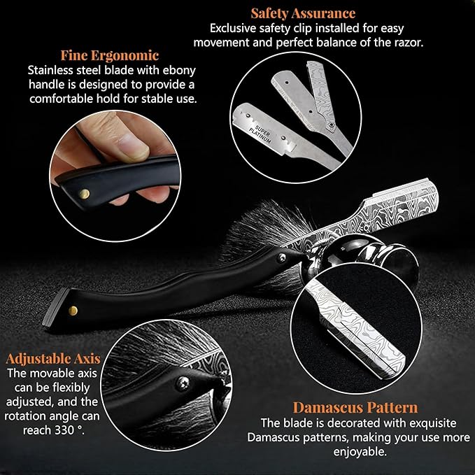 Straight Razor For Men - Premium Stainless Steel Barber Shaving Kit With Wooden Handle & Safety Guard, Single Blade Precision For Smooth Shaving With 10 Blades, Brown Spider Wood Handle, Black