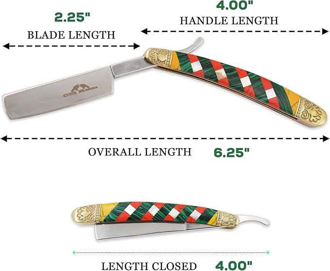 6.75" Straight Edge Razor – 3CR13 Stainless Steel Manual Folding Blade with Multi-Color Mosaic Handle and Engraved Brass Bolsters