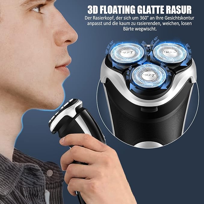 Electric Shaver for Men, MAX-T Quick Rechargeable Electric Razor Wet Dry Rotary Shaver with Pop Up Trimmer and LED Display, IPX7 100% Waterproof （8101 with Adapter Charger）