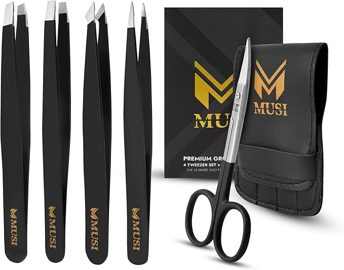 MUSI Eyebrow, Facial Hair, Ingrown Hair & Splinter Removal Tweezers with Eyebrow Scissors – Precision Multi-Purpose Beauty Tools, Anti-Rust Stainless Steel, Travel Case Included, for Women & Men