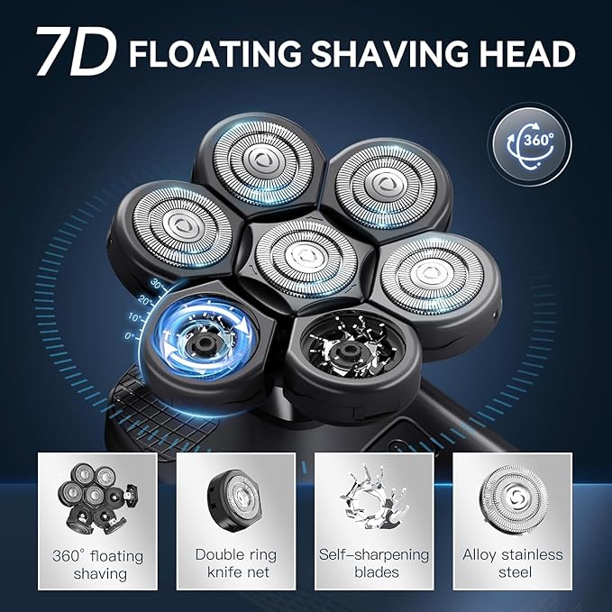 7D Head Shavers for Bald Men - 5 in 1 kensen Electric Head Hair Shaver, Head Electric Razor with Nose Hair & Beard Trimmer Cordless IPX6 Waterproof Wet Dry LED Display Travel Case (Black)