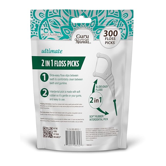 GuruNanda 2 in 1 Dental Floss Picks for Oral Care, PFAS Free – Non-Slip Grip, Slide Easy, No Break or Shred Flosser with Interdental Pick for Healthy Teeth & Gums – Mint Flavor, 300 Count (1 Pack)