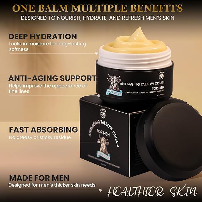 Wrinkle Defense Beef Tallow Balm for Men, Tallow Balm for Skin - Moisturizer for Face - Hydrating Anti Aging Skin Cream - Natural Facial Skincare Lotion with Essential Oils (1.7 OZ)