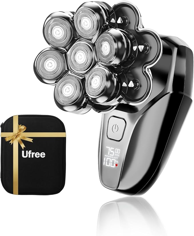Ufree 7D Rotating Head Shaver for Bald Men, Magnetic Detachable Blades, IPX7 Waterproof Electric Razor, Head Face Beard Trimmer Grooming Kit with USB Fast Charge, Smart LED Display, Mens Gifts