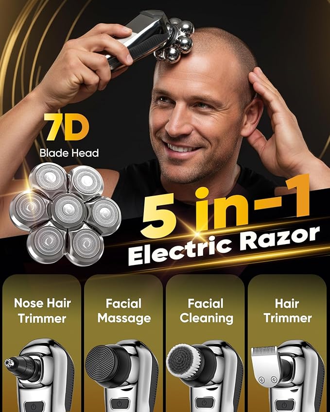 Head Shaver for Bald Men, 7D Floating Bald Head Shaver 5-in-1 Grooming Kit, Wet/Dry Electric Razor with LED Display, Turbo Speed, Magnetic Detachable Blades, IPX6 Waterproof, Type-C Rechargeable
