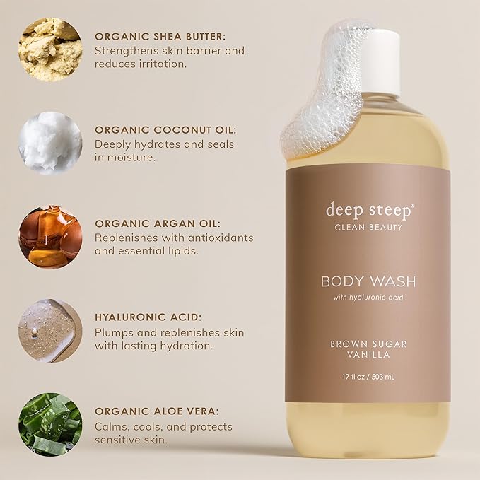 Deep Steep Brown Sugar Vanilla Body Wash, Hydrating Shower Gel with Hyaluronic Acid & Shea Butter for Sensitive Skin, Bodywash for Women & Men, 17 Fl Oz, 1-Pack