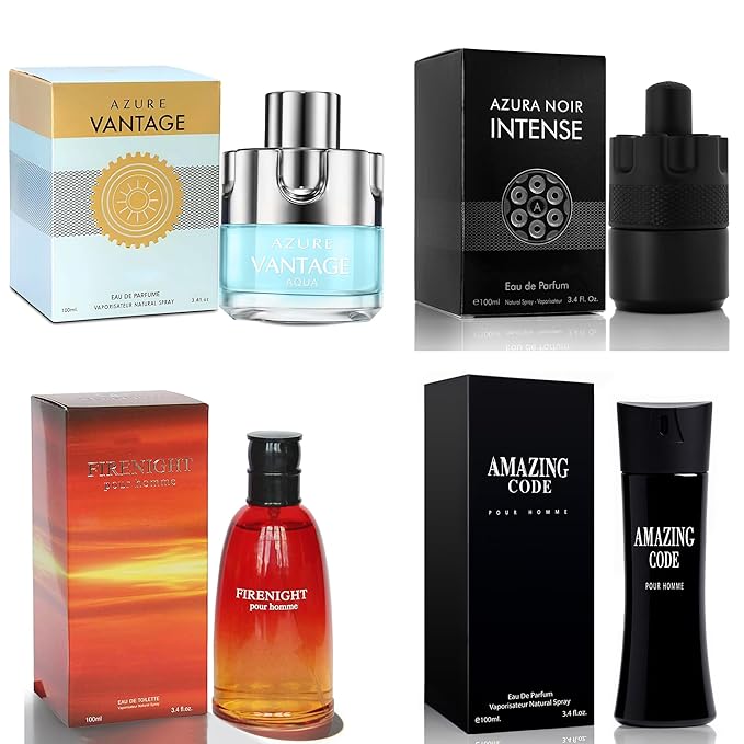 META-BOSEM Mens Cologne Set, Eau de Parfum, 4 Pack (3.4 oz / 100 mL Each), Firenight, Azura Noir Intense, Amazing Code, Azure Vantage Aqua, Barbershop Heritage, for workdays to weekends